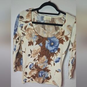 Cache Vintage Floral Lambswool Angora 3/4 Sleeve Granny Soft Sweater Size S